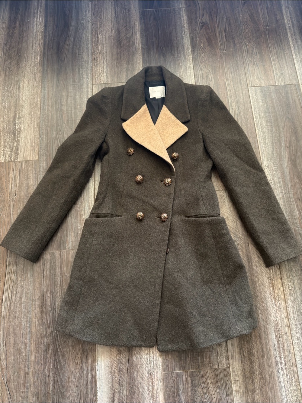 Double-Breasted Pea Coat with Contrast Collar in Dark Olive